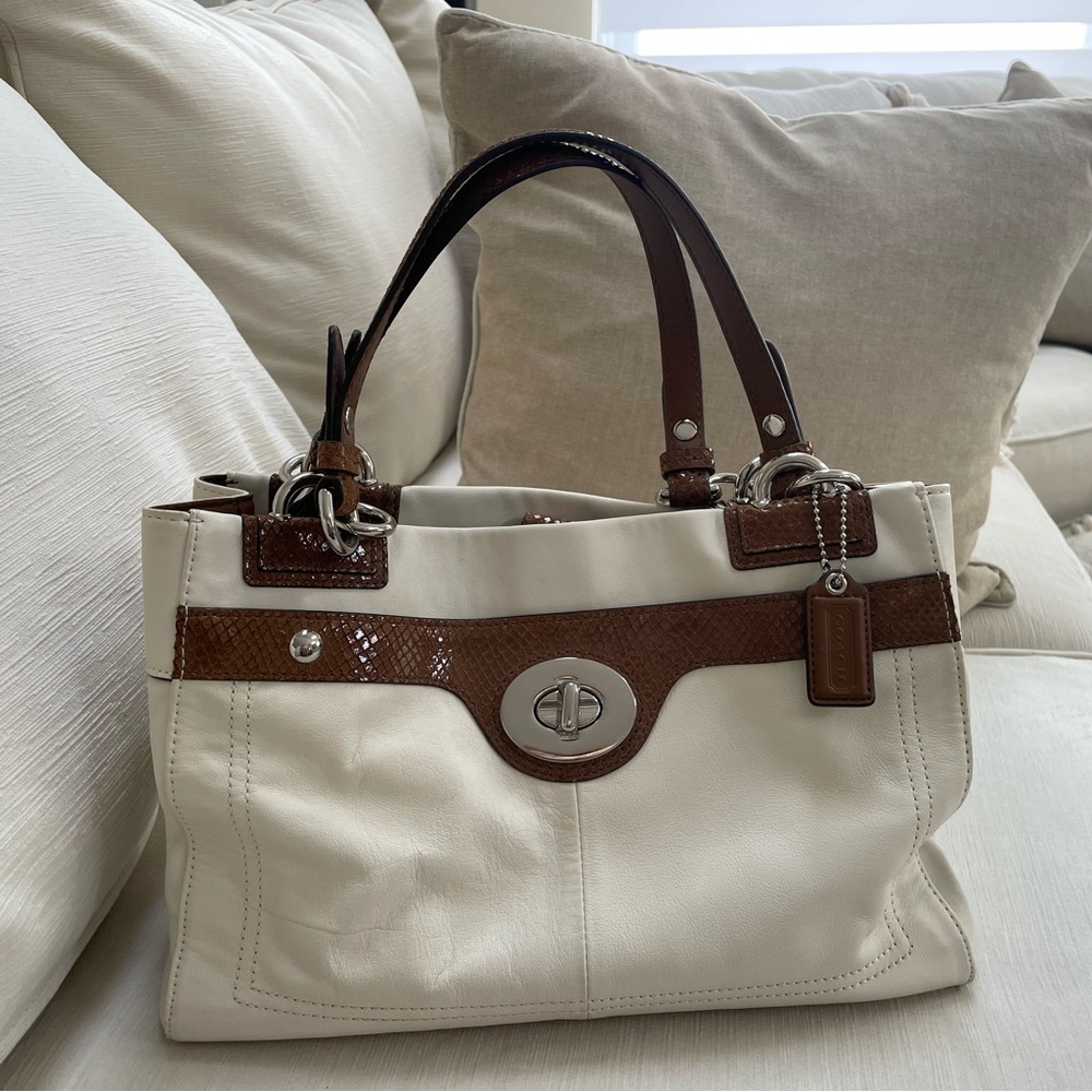 Coach White and Brown Leather Tote Bag